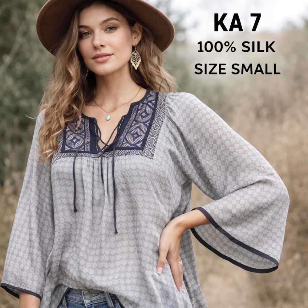 KA 7 womens small 100% Silk Boho Peasant top  Gray Purple Print flowy feminine